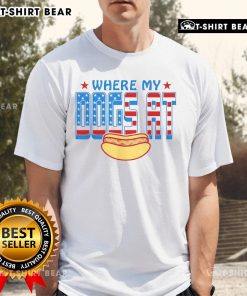 Funny 'Where My Dogs At' hot dog lover humor T-shirt featuring playful dog graphics and vibrant colors.