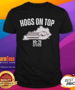 Arkansas Razorbacks Hogs On Top of Kentucky 89-79 T-Shirt featuring vibrant team colors and bold graphics for fans.