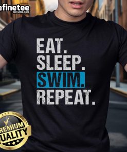 Good Eat Sleep Swim Repeat T-Shirt featuring a swimmer graphic, perfect for swimming enthusiasts and casual wear.