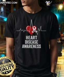 Red heart t-shirt promoting heart disease awareness for Go Red in February, highlighting health and support.