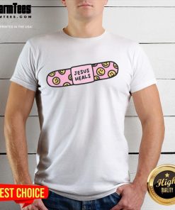 Good Jesus Heals Bandaid T-Shirt showcasing Christian faith and healing, featuring a Bible verse design.