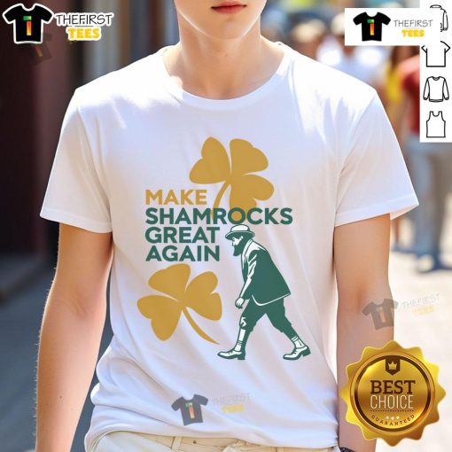 Good Make Shamrocks Great Again St Patrick's Day Trump American T-Shirt featuring festive green shamrock design.