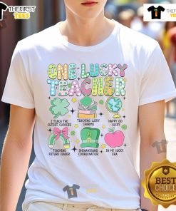 Good One Lucky Teacher St Patrick's Day Shamrock Retro Clover T-Shirt design featuring vibrant green clovers and fun typography.