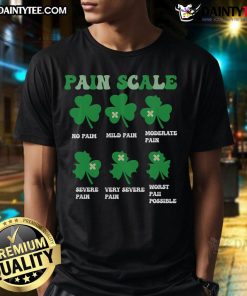Funny ICU nurse t-shirt featuring a shamrock Good Pain Scale design for St. Patrick's Day celebrations.