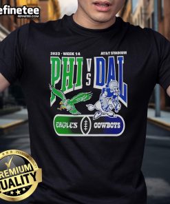 Philadelphia Eagles vs Dallas Cowboys 2023 Week 14 T-shirt design featuring team logos at AT&T Stadium.