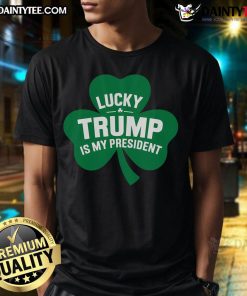 St. Patrick's Day 'Lucky Trump Is My President' shamrock T-shirt design featuring vibrant green colors and festive graphics.