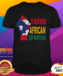 Alt Text: Good Taino African Spanish Puerto Rico Flag T-Shirt featuring vibrant Taino and African designs.