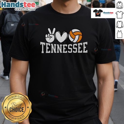 Good Tennessee Volunteer State Volleyball T-Shirt featuring 'Peace Love Volleyball' design in vibrant colors.