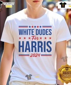 Good White Dudes For Harris 2024 T-Shirt design featuring bold text and a graphic promoting the Harris 2024 campaign.