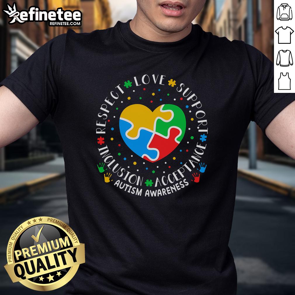 Happy Autism Awareness Respect Love Support T Shirt Happy Autism Awareness T-Shirt featuring vibrant colors and messages of respect, love, and support for the autism community.