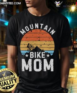 Happy Mountain Bike Mom Retro Sunset T-Shirt featuring a vibrant sunset design and a joyful mountain biking theme.