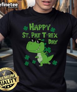 Alt Text: Happy St Pat Rex Dinosaur in festive attire for Saint Patrick's Day T-Shirt design with shamrocks and vibrant colors.