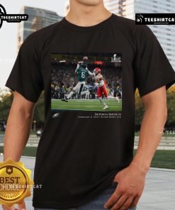Hot Devonta Smith Philadelphia Eagles NFL Flash Features Super Bowl LIX Champions T-Shirt showcasing vibrant team colors.