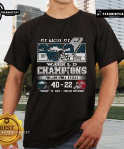 Alt Text: 2024 World Champions Philadelphia Eagles T-Shirt featuring 'Hot Fly Eagles Fly' design, perfect for fans.