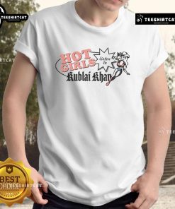 Trendy 'Hot Girls Listen To Kktx' t-shirt worn by a stylish woman, showcasing a fun and vibrant fashion statement.