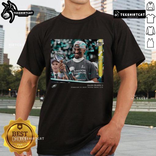 Alt Text: Jalen Hurts Philadelphia Eagles Super Bowl LIX Champions T-Shirt showcasing vibrant design and NFL team pride.