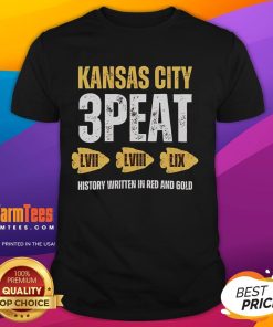 Alt Text: Hot Kansas City 3-Peat Super Bowl Champions History Written In Red And Gold T-Shirt showcasing team pride.