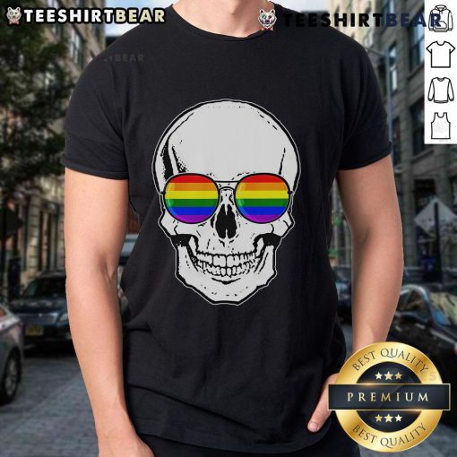 Hot LGBT skull with rainbow sunglasses on a stylish t-shirt, perfect for pride events and showcasing LGBTQ+ pride.
