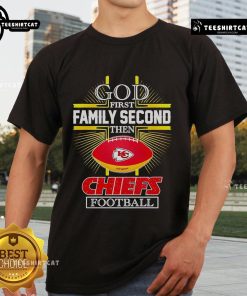 Hot NFL God First Family Second Kansas City Chiefs Football 2025 T-Shirt featuring vibrant team colors and logo design.