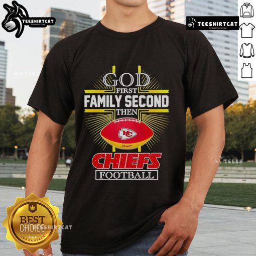 Hot NFL God First Family Second Kansas City Chiefs Football 2025 T-Shirt featuring vibrant team colors and logo design.