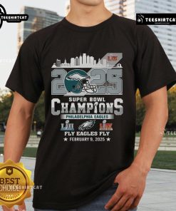 Hot Philadelphia Eagles Super Bowl Champions 2025 T-Shirt featuring Eagles Fly celebration design in vibrant colors.