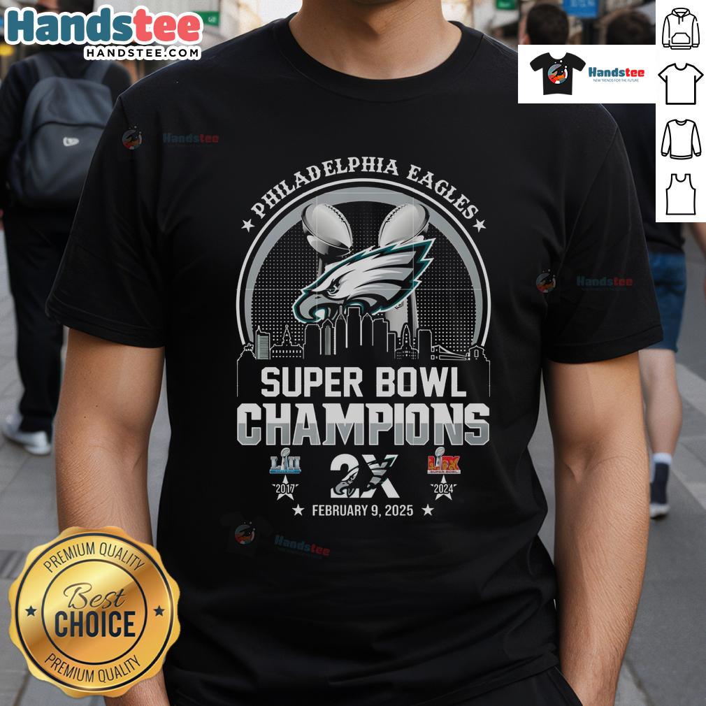 Hot Philadelphia Eagles Super Bowl Champions Repeat 2017 2025 T Shirt Alt Text: Hot Philadelphia Eagles Super Bowl Champions Repeat 2017 2025 T-Shirt featuring bold team logo and vibrant colors.