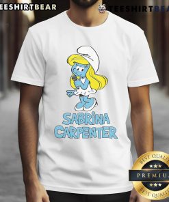 Hot Sabrina Carpenter wearing a stylish Smurfs t-shirt, showcasing vibrant colors and trendy design for fans.