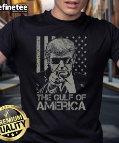 Alt Text: Retro Donald Trump USA Flag T-Shirt featuring a bold Hot Welcome to the Gulf of America design.
