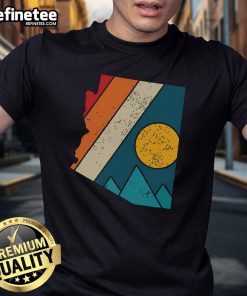 Nice Arizona vintage state map graphic on a t-shirt featuring mountains, hikers, and camping themes for outdoor enthusiasts.
