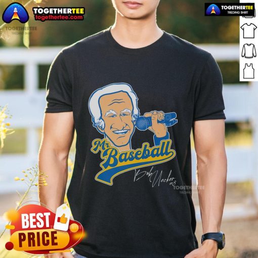 Nice Bob Uecker Mr. Baseball Front Row Legend Mic T-Shirt featuring iconic baseball legend Bob Uecker design.