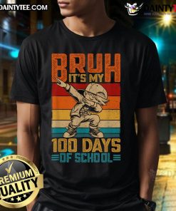 Boy wearing 'Nice Bruh It's My 100 Days of School' T-shirt celebrating 100th day of school with a smile.