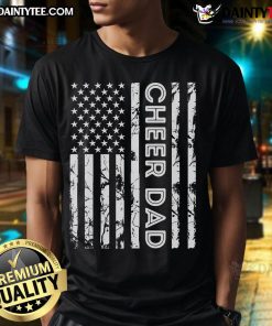 Nice Cheer Dad Flag Cheerleading T-Shirt featuring a patriotic design perfect for supporting cheerleaders.