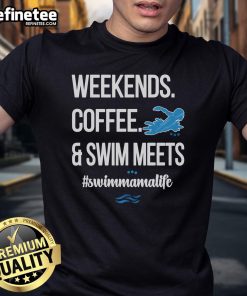 Swimmer mom wearing a 'Nice Coffee And Swim Meets Swim Mama Life' t-shirt, enjoying a sunny day by the pool.