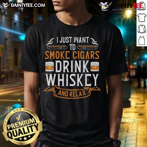 Man enjoying a Nice Cuban Cigar and Whiskey, wearing a Relax T-Shirt, embodying a laid-back lifestyle.