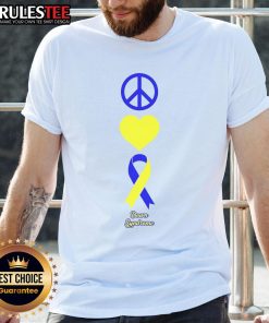 Alt Text: Nice Down Syndrome Peace and Love Ribbon T-Shirt featuring colorful ribbon design, promoting awareness and support.