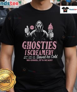 Nice Ghosts I Screamery T-Shirt featuring playful ghost graphics and vibrant colors for Halloween fun.
