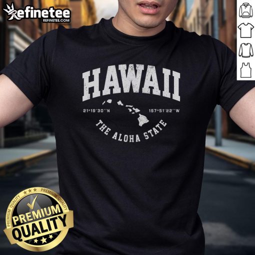 Nice Hawaii Hawaiian Islands coordinates state map t-shirt design featuring vibrant graphics and geographical details.