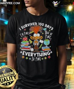 Alt Text: Nice I Survived 100 Days I'm Fine This Is Fine Inside Out 2 T-Shirt featuring a colorful design and playful text.