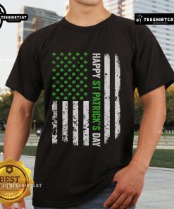 Distressed Irish American flag design on a Happy St. Patrick's Day T-shirt, perfect for celebrating the holiday.