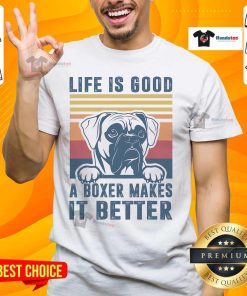 Vintage 'Life Is Good' Bulldog T-Shirt featuring a cheerful boxer design, perfect for dog lovers and casual wear.