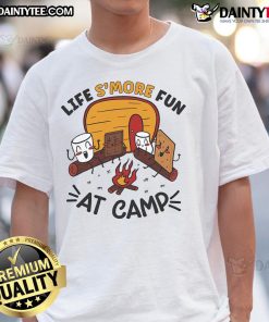 Nice Life's More Fun At Camp T-Shirt featuring a campfire and marshmallow design, perfect for camping enthusiasts.