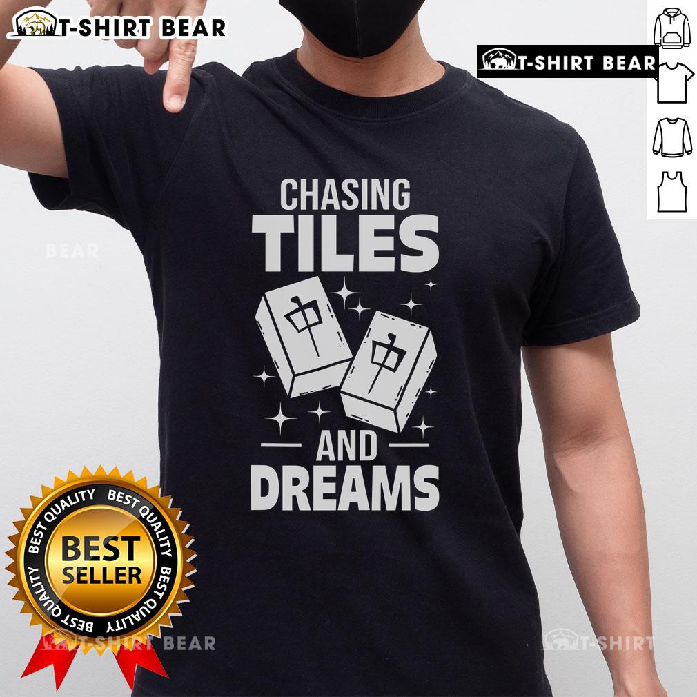 Nice Mahjong Chasing Tiles And Dreams For Asian Player Mahjong T Shirt Asian player wearing a 'Chasing Tiles and Dreams' Mahjong T-shirt, showcasing vibrant design and passion for Mahjong.