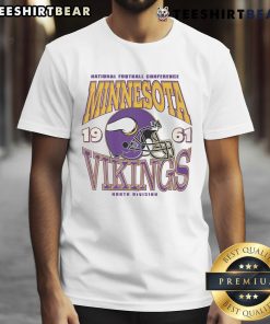 Classic Minnesota Vikings team helmet T-shirt featuring the iconic logo and colors, perfect for fans of all ages.