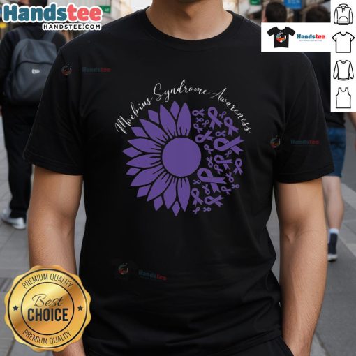 Moebius Syndrome Awareness T-Shirt featuring a sunflower and purple ribbon design, promoting understanding and support.