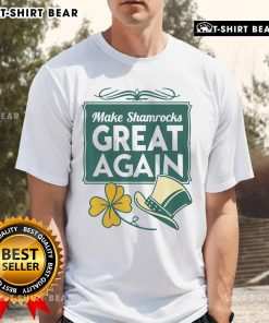 Alt Text: Patriotic Irish T-shirt featuring a shamrock design with the slogan 'Make Shamrocks Great Again' in vibrant colors.