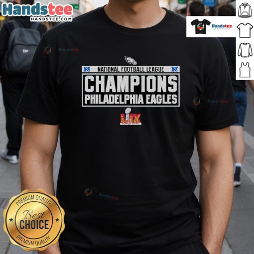 Philadelphia Eagles Super Bowl LIX NFL Champions T-Shirt featuring team colors and logo, perfect for fans celebrating victory.