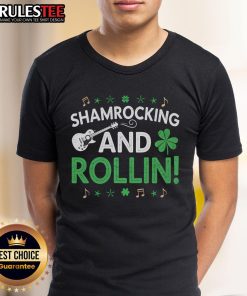 Funny St. Patrick's Day guitar T-shirt with 'Nice Shamrocking And Rollin' design, perfect for festive celebrations.
