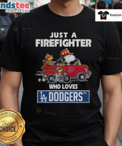 Snoopy and Woodstock as firefighters in a Los Angeles Dodgers MLB T-shirt, showcasing their love for baseball.