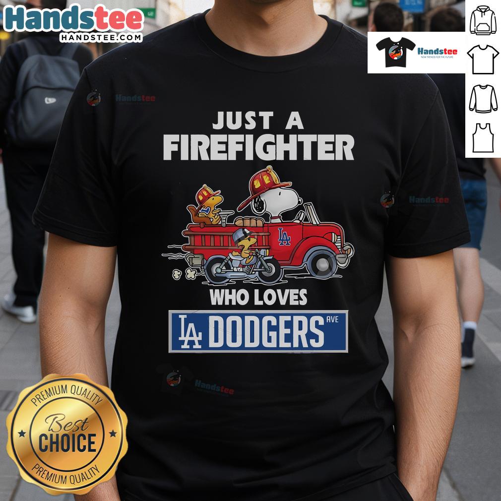 Nice Snoopy Woodstock Just A Firefighter Who Loves Los Angeles Dodgers MLB T-Shirt Snoopy and Woodstock as firefighters in a Los Angeles Dodgers MLB T-shirt, showcasing their love for baseball.