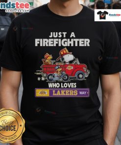 Alt Text: Snoopy and Woodstock in firefighter gear, showcasing a Los Angeles Lakers NBA love on a fun t-shirt design.
